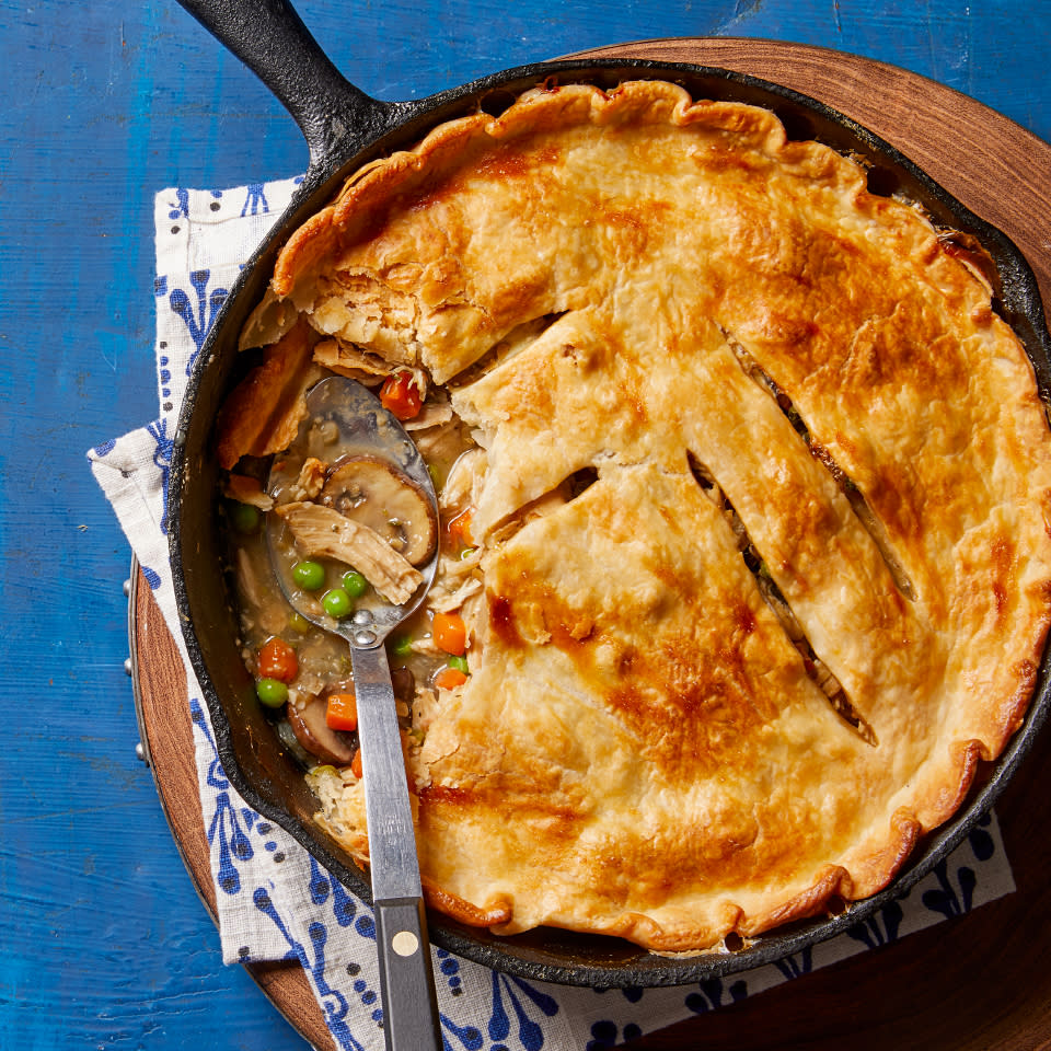 <p>A store-bought pie crust, frozen veggies and precooked chicken simplify the prep for this easy potpie. This healthy dinner recipe is comfort food at its best. <a href="https://www.eatingwell.com/recipe/274846/skillet-chicken-potpie/" rel="nofollow noopener" target="_blank" data-ylk="slk:View Recipe" class="link ">View Recipe</a></p>