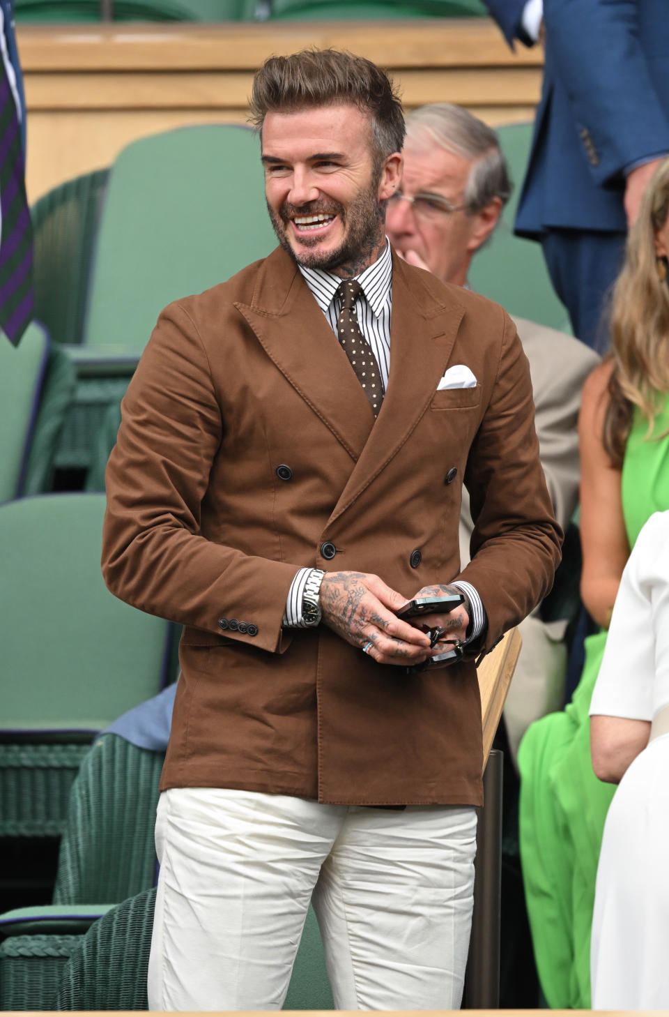 LONDON, ENGLAND - JULY 06: David Beckham attends day 10 of the Wimbledon Tennis Championships at All England Lawn Tennis and Croquet Club on July 06, 2022 in London, England. (Photo by Karwai Tang/WireImage)