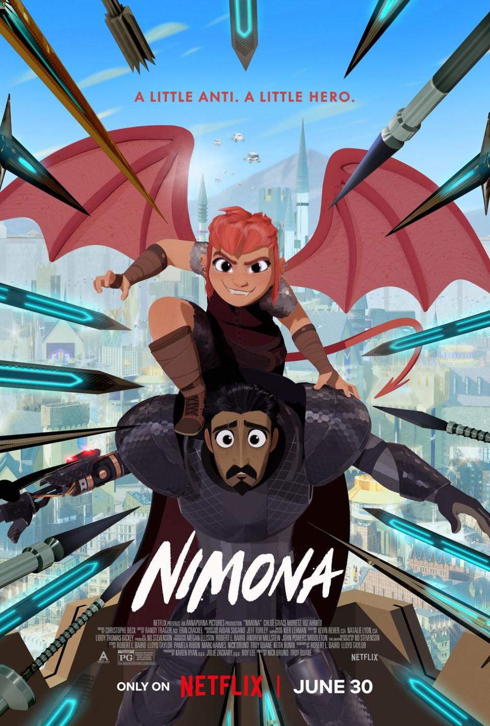 netflix nimona poster, with nimona sproting dragon wings on ballister's shoulders as spears surround them