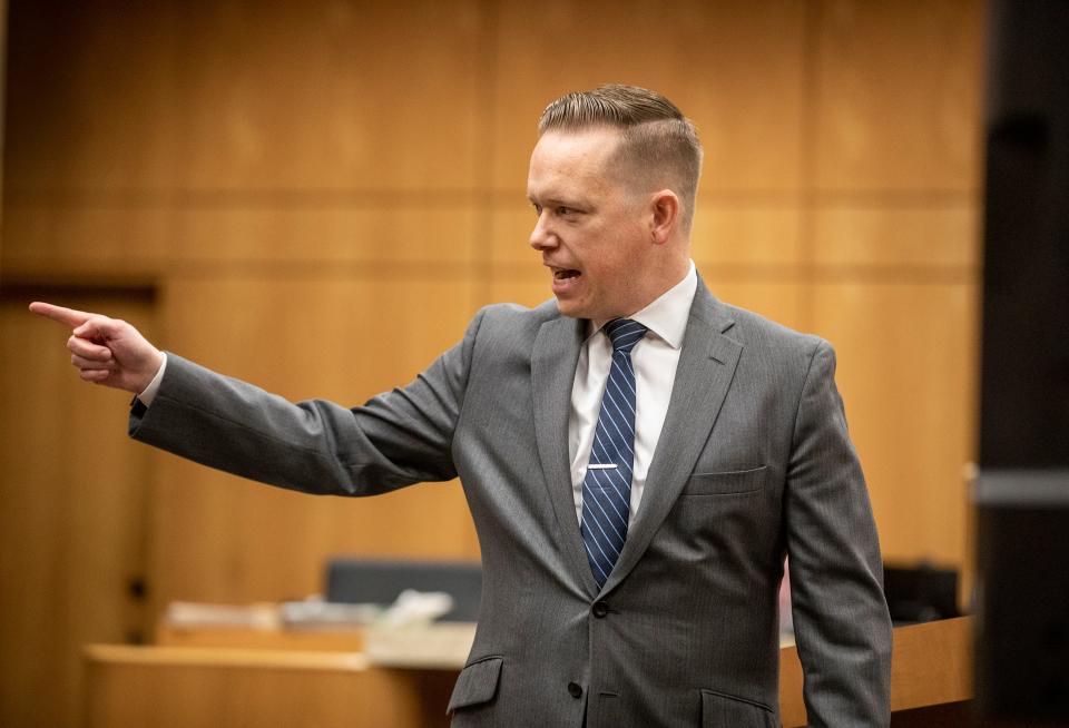 Assistant State Attorney Michael Nutter points to Marcelle Waldon during his closing statement at the penalty phase of Waldon's trial Tuesday.