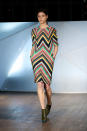 <b>LFW AW13: Matthew Williamson <br></b><br>Dresses featured multi-coloured stripes and half-length sleeves.<br><br>© Getty