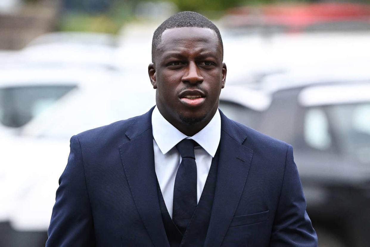 Manchester City and France footballer Benjamin Mendy arrives to Chester Crown Court in northwest England on August 15, 2022 for his trial for the alleged rape and assault of seven women. - Mendy, 28, who faces eight counts of rape, one count of sexual assault and one count of attempted rape, relating to seven young women, could see his playing career end in jail if convicted. (Photo by Paul ELLIS / AFP)