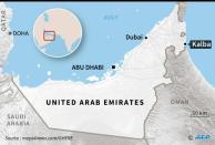 Map of the UAE locating the port of Kalba, where Afghans and Pakistanis can earn a living weaving fishing nets. To go with AFP feature story