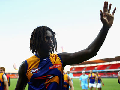 Nic Naitanui of the Eagles celebrates after the round nine AFL match between the Greater Western Sydney Giants and the West Coast Eagles at Skoda Stadium on May 25, 2013 in Sydney, Australia.