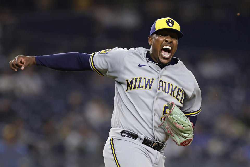 Milwaukee Brewers pitcher Thyago Vieira reacts after the final out against the New York Yankees during the ninth inning of a baseball game Friday, Sept. 8, 2023, in New York. (AP Photo/Adam Hunger)