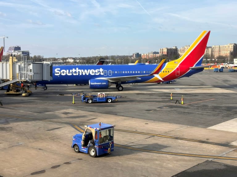 A Southwest Airlines Boeing 737 sits at a gate at Washington's Reagan National Airport (DCA) in Arlington, Virginia, on March 31, 2024 (Daniel SLIM)