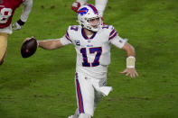 Buffalo Bills quarterback Josh Allen (17) throws against the San Francisco 49ers during the first half of an NFL football game, Monday, Dec. 7, 2020, in Glendale, Ariz. (AP Photo/Ross D. Franklin)