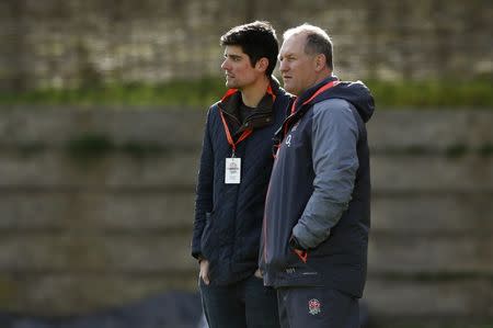 Britain Rugby Union - England Training & Press Conference - Pennyhill Park, Bagshot, Surrey - 24/2/17 Former England rugby player Richard Hill (R) and England cricketer Alastair Cook watch training Action Images via Reuters / Andrew Boyers Livepic