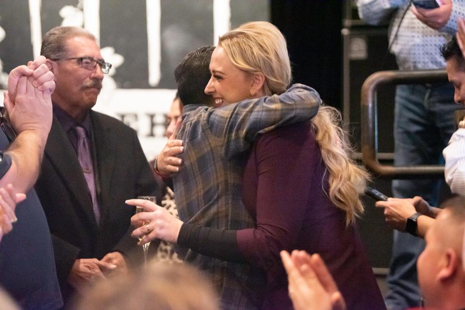 Heather Graham receives a hug from Pueblo County Commissioner Eppie Griego at Brues Alehouse after winning the Pueblo mayoral runoff election on Tuesday, January 23, 2024.