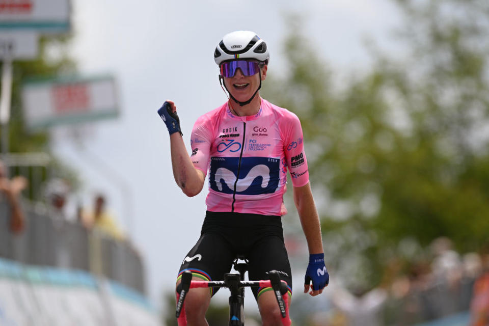 ALASSIO ITALY  JULY 06 Annemiek Van Vleuten of The Netherlands and Movistar Team  Pink Leader Jersey celebrates at finish line as stage winner during the 34th Giro dItalia Donne 2023 Stage 7 a 1091km stage from Albenga to Alassio  Santuario della Guardia 551m  UCIWWT  on July 06 2023 in Alassio Italy Photo by Dario BelingheriGetty Images
