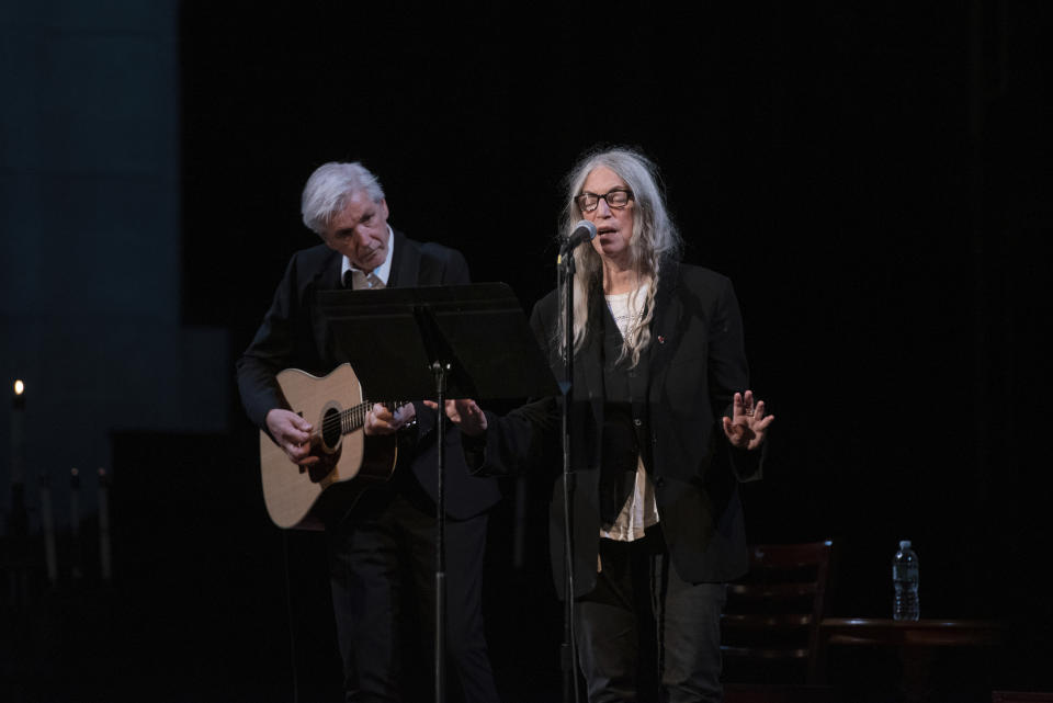 Patti Smith, right, performs at the Joan Didion celebration of life event on Wednesday, Sept. 21, 2022, at the Cathedral of St. John the Divine in New York. (Photo by Christopher Smith/Invision/AP)