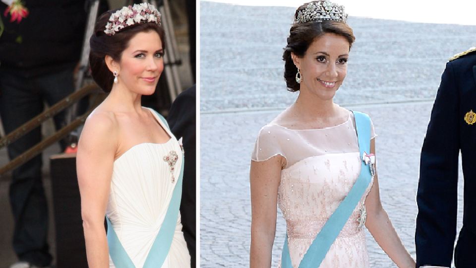 P{rincess Mary (L) and Princess Marie (R) of denmark doppleganger lookalike blue sash photo