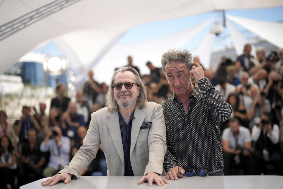 Gary Oldman, left, and director Paolo Sorrentino pose for photographers at the photo call for the film 'Parthenope' at the 77th international film festival, Cannes, southern France, Wednesday, May 22, 2024. (Photo by Andreea Alexandru/Invision/AP)