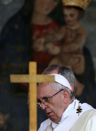 Pope Francis celebrates a mass in San Giovanni Rotondo, Italy March 17, 2018. REUTERS/Tony Gentile