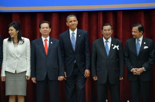 US President Barack Obama poses with Asian leaders during the Association of Southeast Asian (ASEAN) meeting in Phnom Penh. Obama became the first sitting US president to visit Cambodia as he arrived in Phnom Penh to attend the East Asia Summit