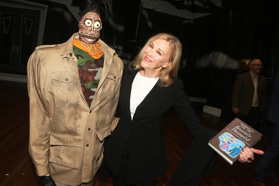 Original <em>Beetlejuice</em> star Catherine O’Hara poses with Shrunken Head Guy backstage at the musical adaptation of the movie on Broadway on Saturday. 