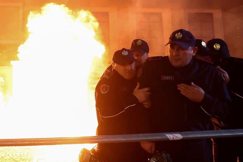 Supporters of the opposition attend an anti-government protest in front of Albanian PM Rama's office in Tirana