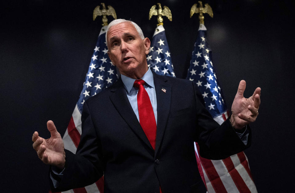 Mike Pence speaks during the PrayVoteStand Summit at the Omni Shoreham hotel in Washington, DC, on September 15, 2023. (Andrew Calebrello-Reynolds/AFP via Getty Images)