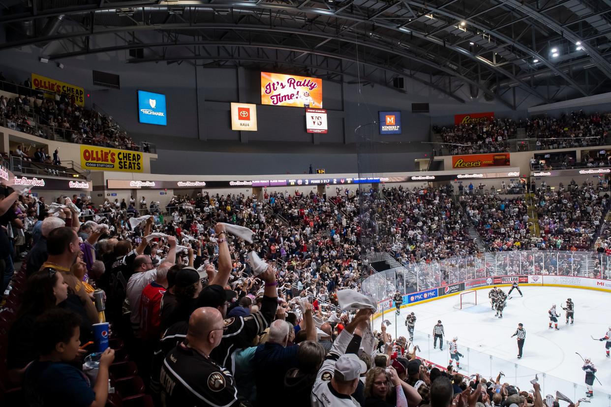 Hershey fans rise to their feet during the final seconds of Game 4 of the Calder Cup Finals against Coachella Valley at the Giant Center in Hershey, Pa., Thursday, June 15, 2023. The Bears won, 3-2, to even the series at two games apiece.