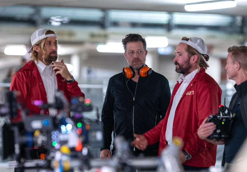 Ryan Gosling, David Leitch and Logan Holladay on the set of 'The Fall Guy'
