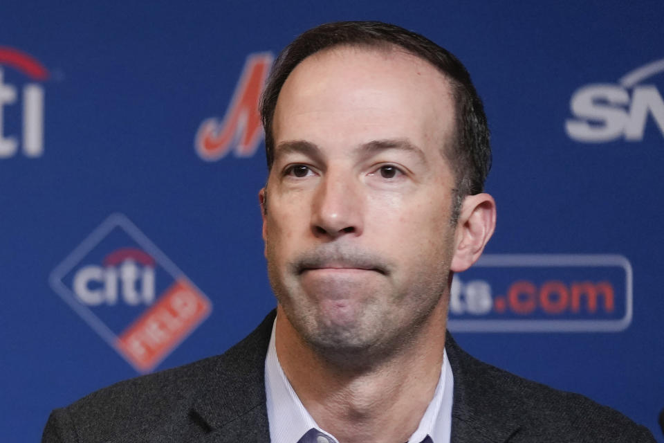 FILE - Then-New York Mets general manager Billy Eppler looks on during a baseball news conference at Citi Field, Tuesday, Dec. 20, 2022, in New York. Former New York Mets general manager Billy Eppler was suspended through this year's World Series on Friday , Feb. 9, 2024, by baseball Commissioner Rob Manfred, who concluded he and other team employees fabricated injuries to create open roster spots.(AP Photo/Seth Wenig, File)