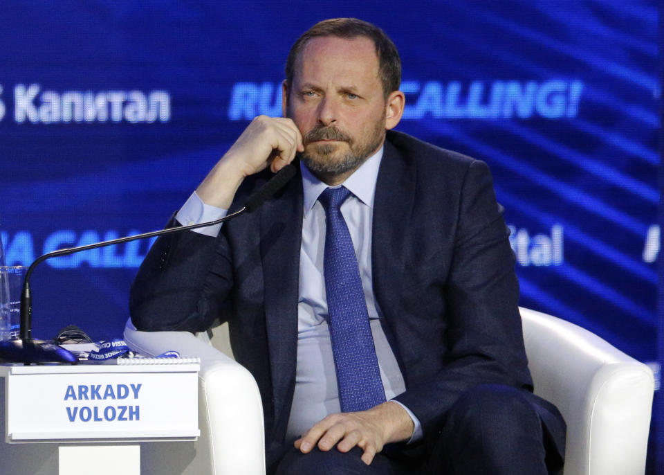 FILE - Arkady Volozh, head of Russia's largest internet search engine Yandex CEO, attends an annual VTB Capital "Russia Calling!" Investment Forum in Moscow, Russia on Nov. 20, 2019. Volozh has been one of Russia's wealthy businessmen to have condemned Moscow's invasion of Ukraine as "barbaric,' but he has remained on the European Union's sanctions list. (AP Photo/Alexander Zemlianichenko, File)