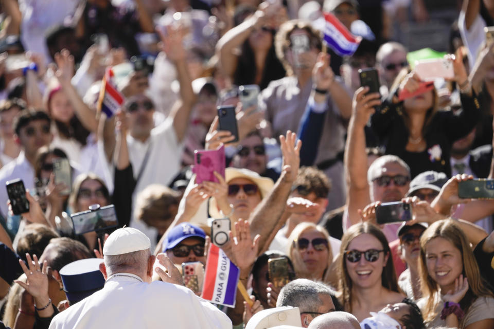 Pope Francis arrives for his weekly general audience in the St. Peter's Square at the Vatican, Wednesday, June 26, 2024. (AP Photo/Andrew Medichini)