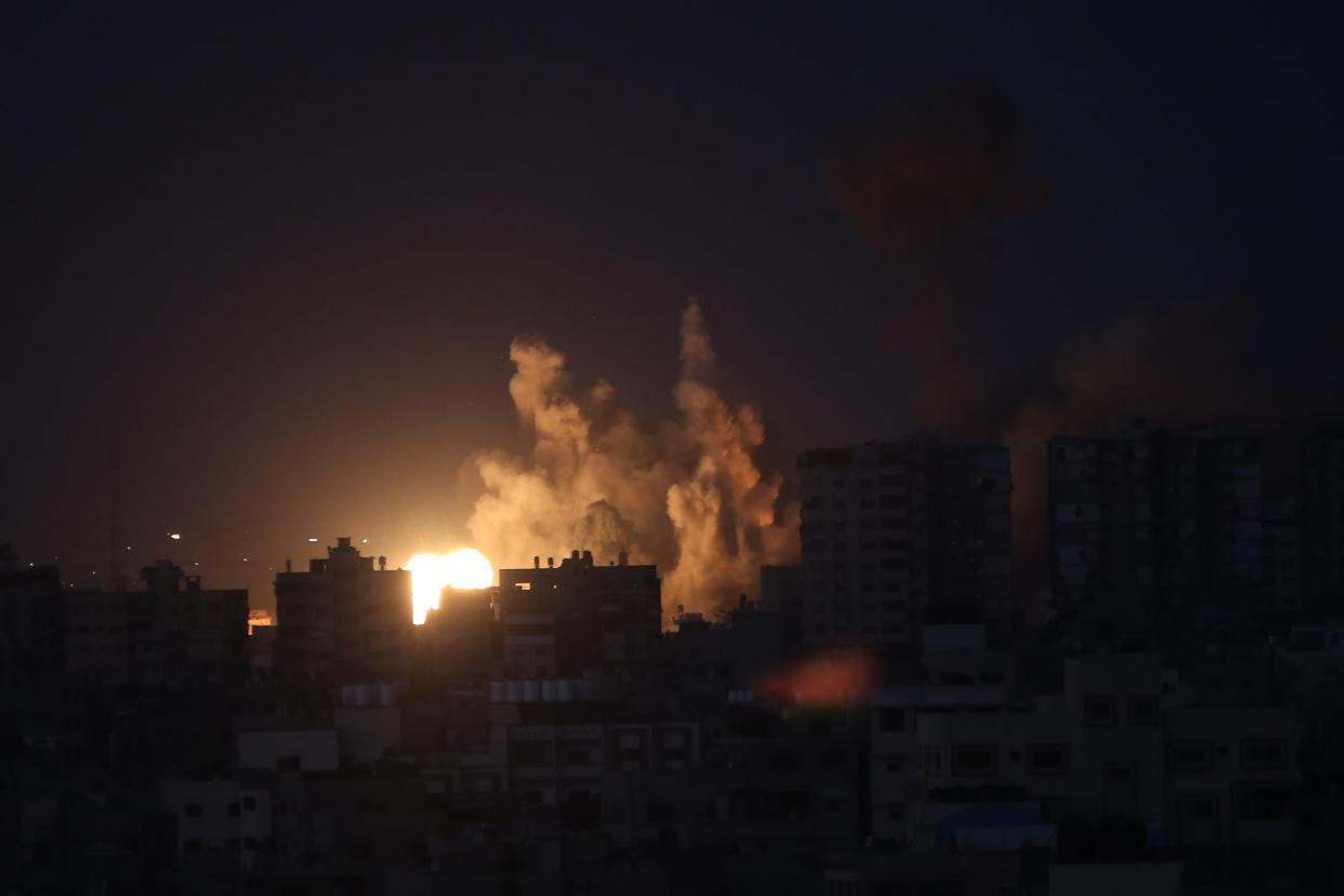 An explosion at a residential tower caused by Israeli bombing raids in Gaza City on Oct. 12.