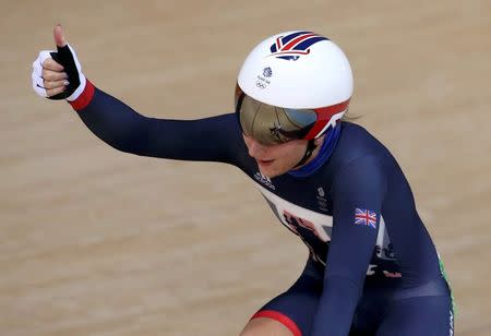 2016 Rio Olympics - Cycling Track - Preliminary - Women's Omnium Elimination Race - Rio Olympic Velodrome - Rio de Janeiro, Brazil - 15/08/2016. Laura Trott (GBR) of Britain reacts. REUTERS/Eric Gaillard