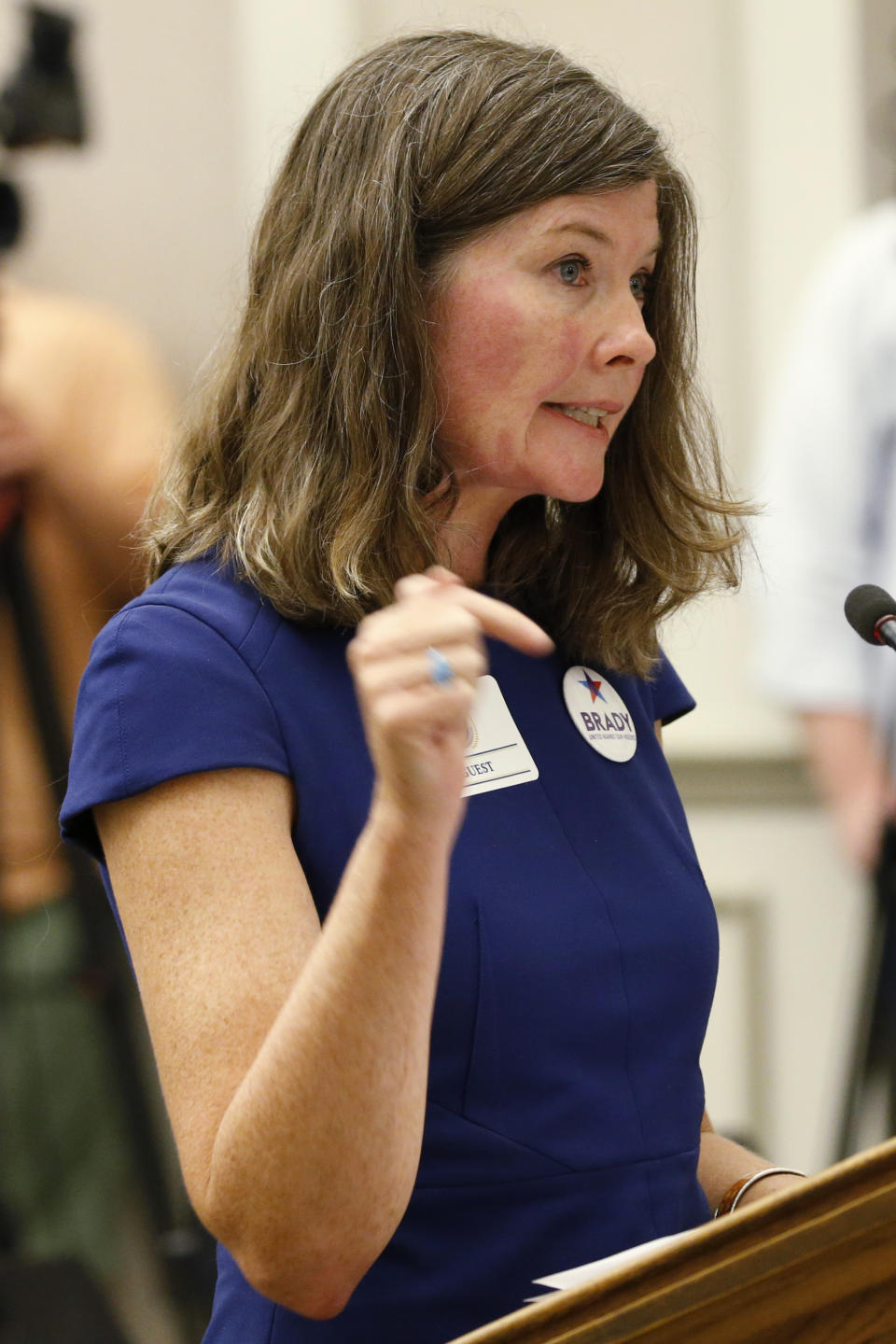 Kris Brown, president of gun control advocacy group Brady, testifies during the second day of a Virginia Crime Commission meeting on gun issues at the Capitol in Richmond, Va., Tuesday, Aug. 20, 2019. (AP Photo/Steve Helber)