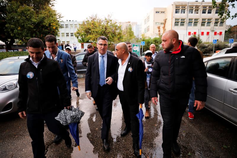 Gideon Saar, a popular Likud party member and a challenger to Israeli Prime Minister Benjamin Netanyahu in Likud party leadership primaries, speaks to supporters in Rishon Lezion, Israel