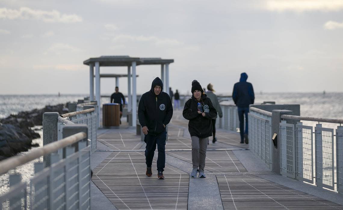 What do people look like in South Florida when it gets into the 40s and 50s? Take a look: These folks are strolling South Pointe Park in Miami Beach as temperatures dipped into the low 50s across South Florida on Jan. 29, 2022.