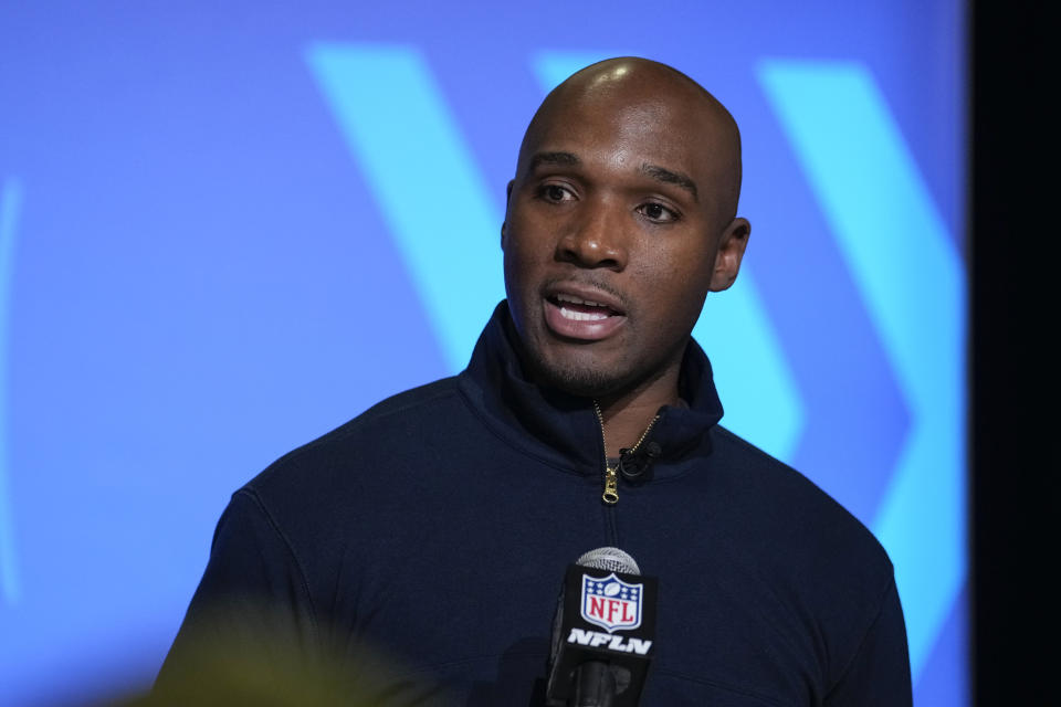 Houston Texans head coach DeMeco Ryans speaks during a press conference at the NFL football scouting combine in Indianapolis, Wednesday, March 1, 2023. (AP Photo/Michael Conroy)