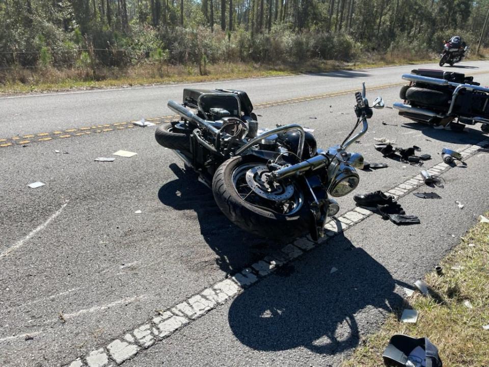 Debris in the roadway after a motorcycle crash on Tuesday in Anthony