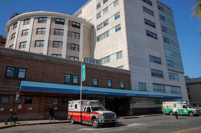 Ambulances are seen outside the emergency center at Maimonides Medical Center during the outbreak of the coronavirus disease (COVID19) in the Brooklyn, New York