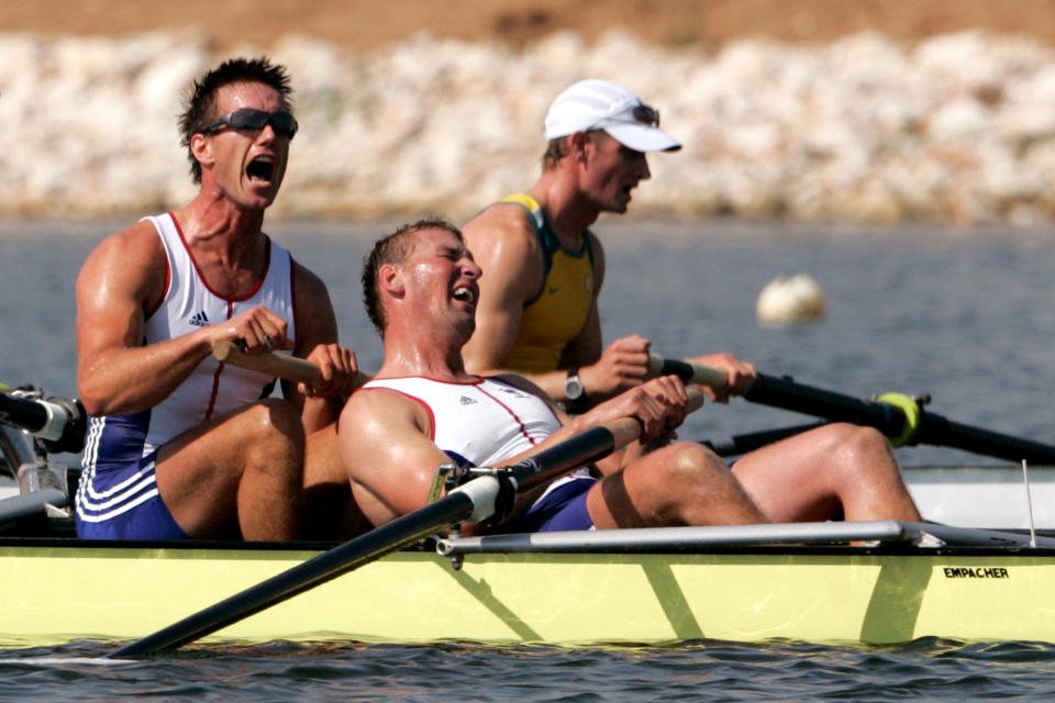 Great Britain's Ed Coode (left) and four time Olympic gold medallist Matthew Pinsent react after winning in the Men's Four rowing final during the 2004 Olympic Games at the Schinias Olympic Rowing Centre in Athens.