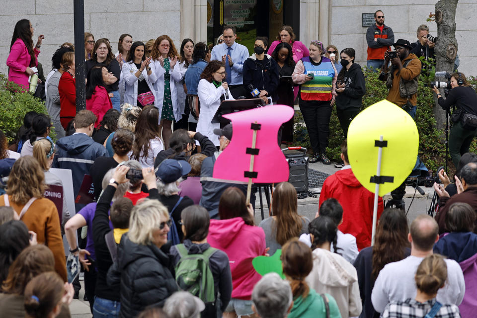 Dr. Amy Bryant, OBGYN, speaks at a rally at Bicentennial Plaza put on by Planned Parenthood South Atlantic in response to a bill before the North Carolina Legislature, Wednesday, May 3, 2023, in Raleigh, N.C. (AP Photo/Karl B DeBlaker)