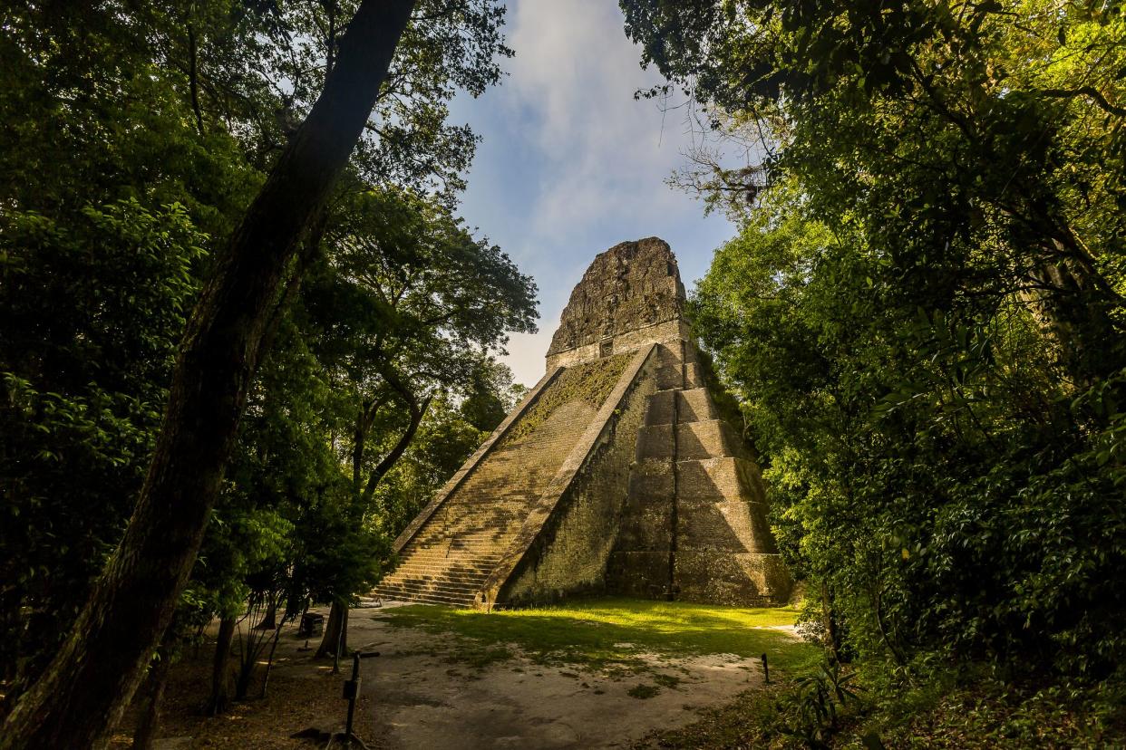 Mayan Temple Ruins, Tikal National Park, Guatemala, a temple through the trees