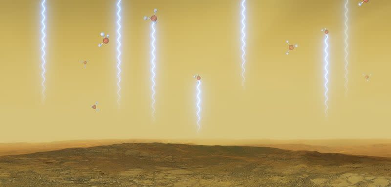 This artistic illustration depicts the Venusian surface and atmosphere, as well as phosphine molecules