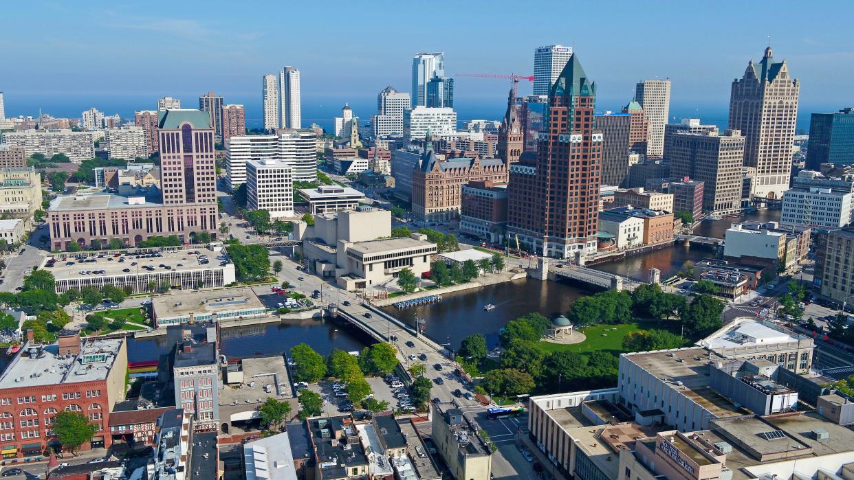 A drone provides a bird's-eye view of downtown Milwaukee, including the Milwaukee River, Pere Marquette Park and City Hall, on Sept. 18, 2019.