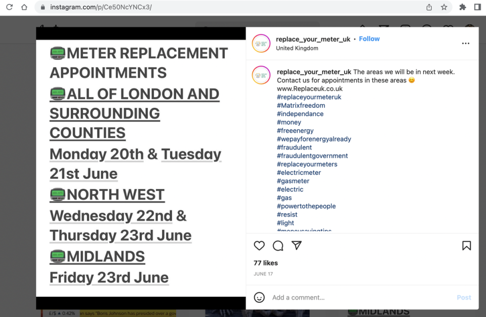 An Instagram page for Replace Your Meter UK has been advertising appointment dates for meter replacements (Instagram screenshot)