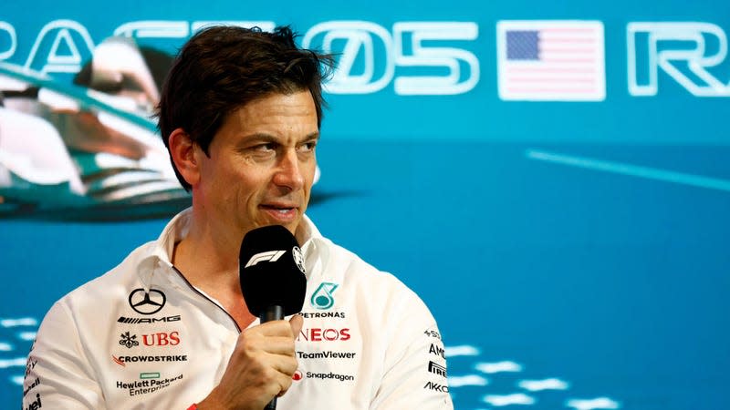 Mercedes F1 team principal Toto Wolff speaking during the Miami Grand Prix weekend