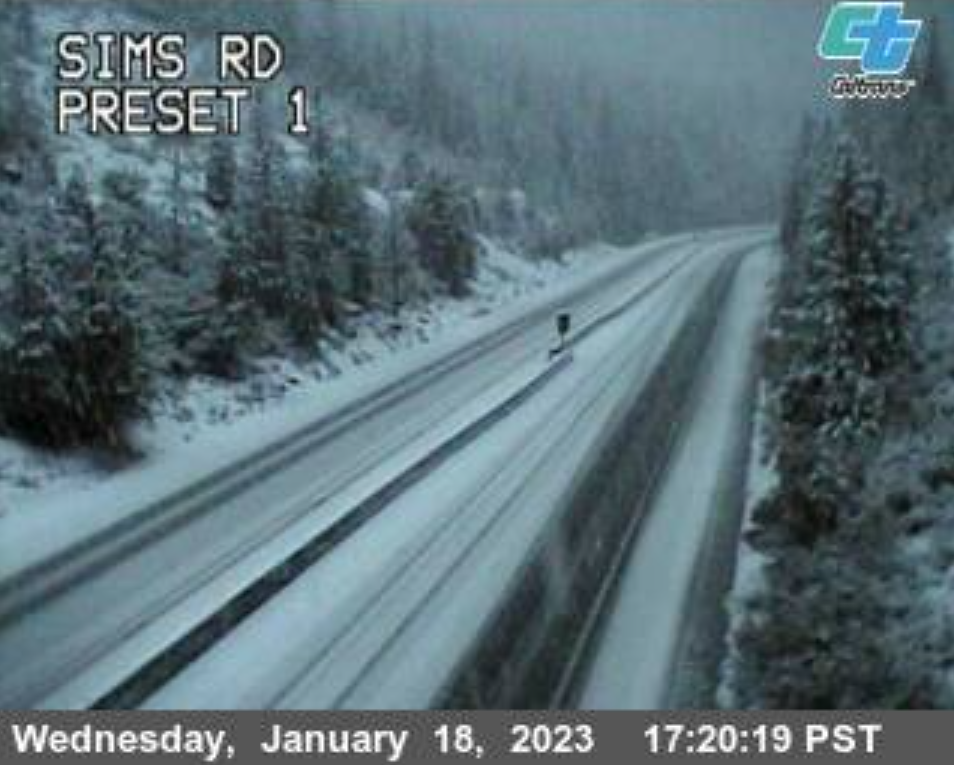 A winter storm dropped four inches of snow on Sims Road near Interstate 5 in Shasta County, as of 5 p.m. on Wednesday, Jan. 18, 2023.