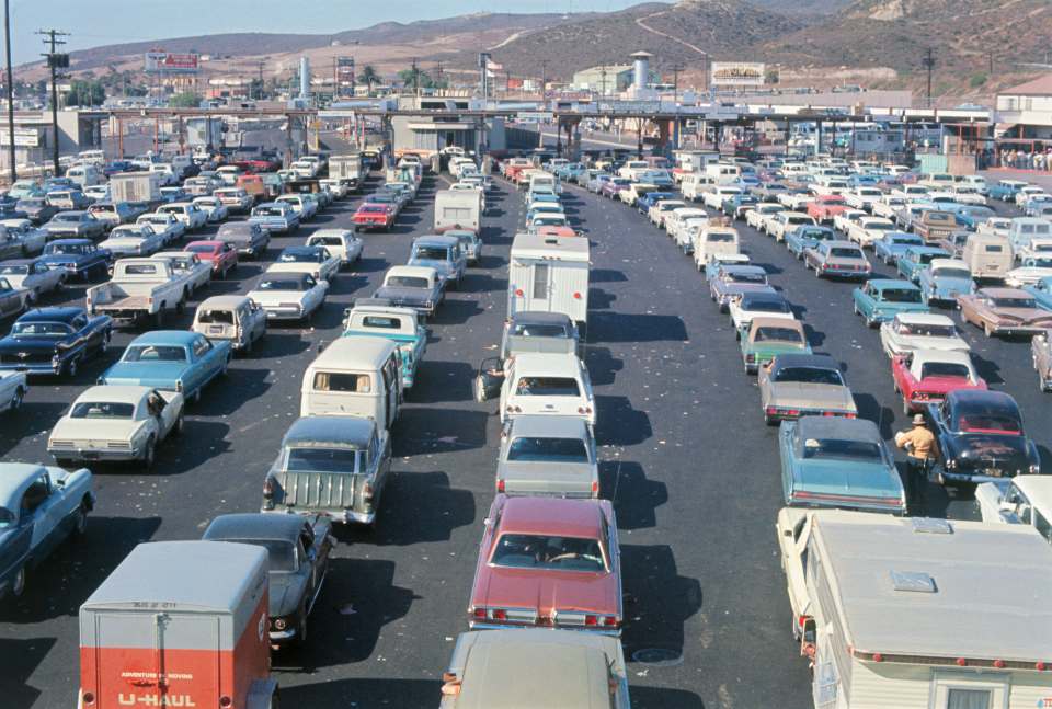 Cars wait to enter the United States from Tijuana in 1969.  (Bettman / Getty Images)