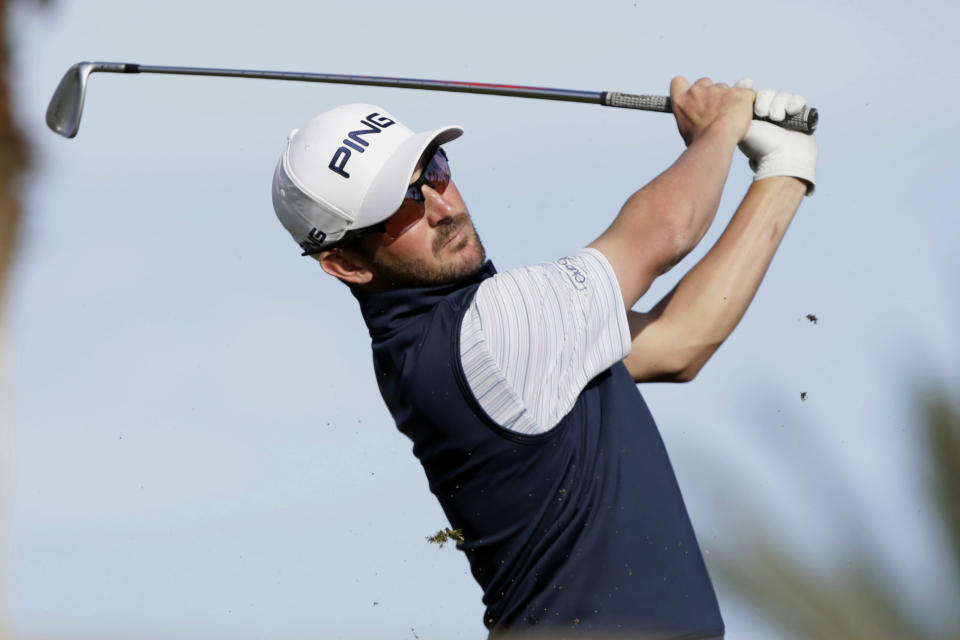 Andrew Landry hits from the eighth tee during the third round of The American Express golf tournament on the Nicklaus Tournament Course at PGA West in La Quinta, Calif., Saturday, Jan. 18, 2020. (AP Photo/Alex Gallardo)