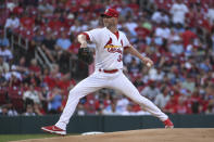 St. Louis Cardinals starting pitcher J.A. Happ throws during the first inning of the team's baseball game against the Atlanta Braves on Wednesday, Aug. 4, 2021, in St. Louis. (AP Photo/Joe Puetz)