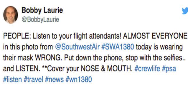 Former flight attendant Bobby Laurie shared the photo with a caption reminding travellers to use the mask properly. Photo: Twitter