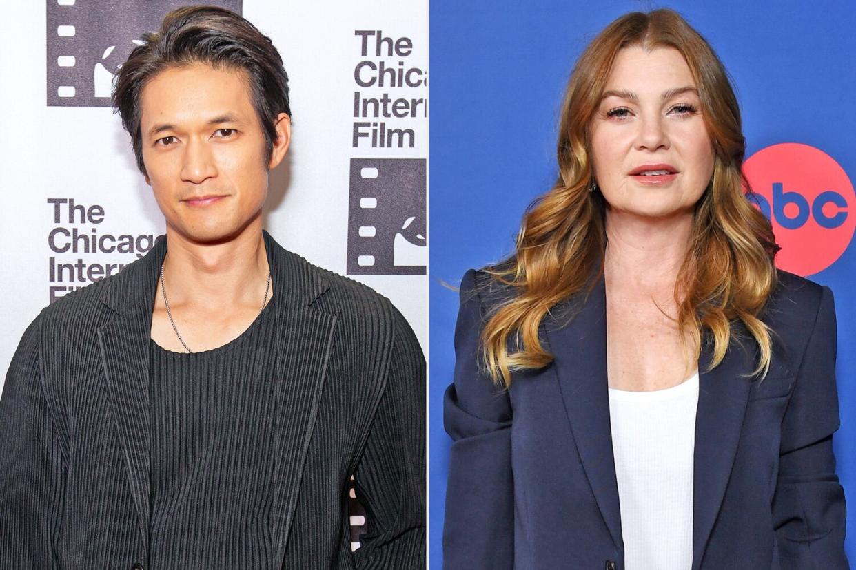 Harry Shum Jr. on the red carpet for "Broadcast Signal Intrusion" during the 57th Chicago International Film Festival at the AMC River East Theater on October 14, 2021 in Chicago, Illinois. (Photo by Barry Brecheisen/Getty Images); Ellen Pompeo attends the "Grey's Anatomy" Wrap Celebration at Dream Hollywood on May 05, 2022 in Los Angeles, California. (Photo by Jon Kopaloff/Getty Images)