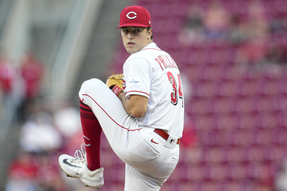 Cincinnati Reds starting pitcher Connor Phillips throws against the Minnesota Twins in the first inning of a baseball game in Cincinnati, Monday, Sept. 18, 2023. (AP Photo/Jeff Dean)