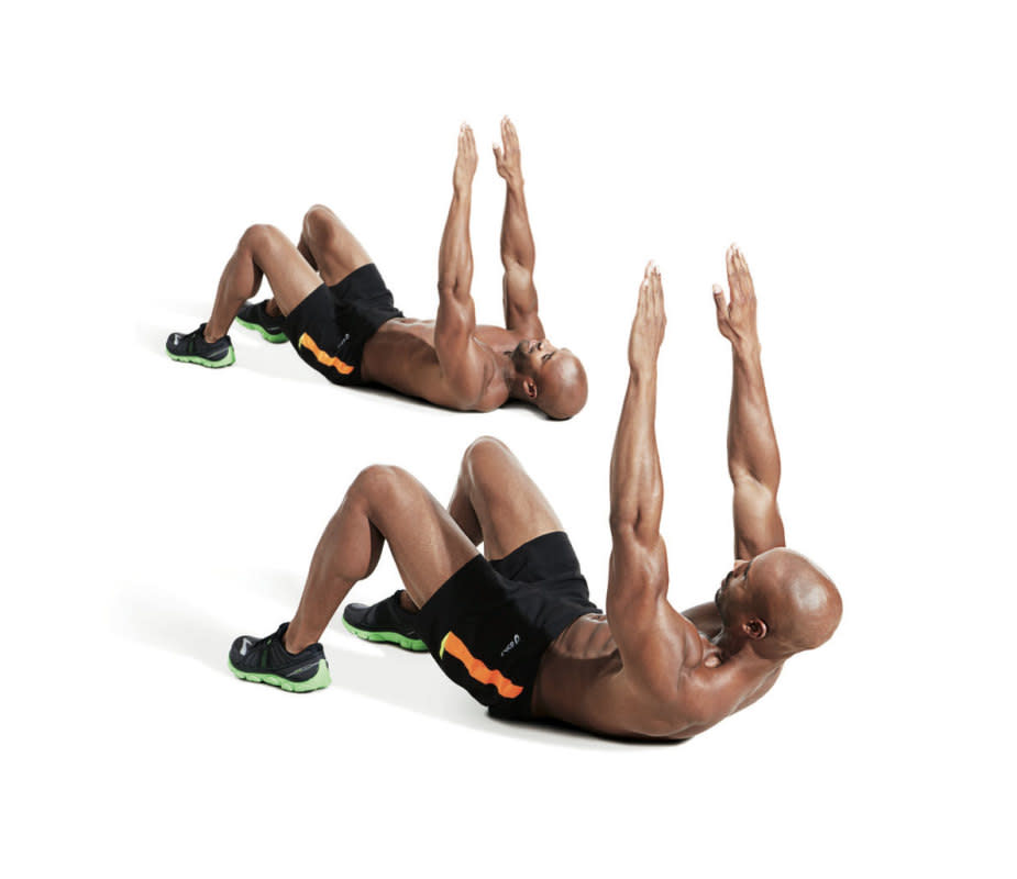 How to do it<ol><li>Lie on your back, knees bent at 90 degrees, and raise your arms straight overhead, keeping them pointing up throughout the exercise.</li><li>Sit up halfway, then steadily return to the floor. That's one rep.</li></ol><p><strong>Reps: </strong>12-15</p><p><strong>Sets: </strong>3</p><p><strong>Rest: </strong>2-3 minutes between sets</p>